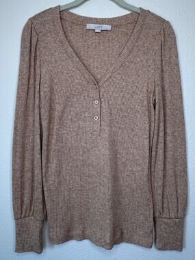 Ann Taylor LOFT Ribbed Henley Long Sleeve Top, Taupe Heather, Sz Medium